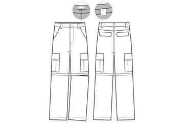 convertible Leg Cargo Pants Flat Technical Drawing Illustration Five Pocket Classic Blank Streetwear Mock-up Template for Design and Tech Packs CAD Outdoor