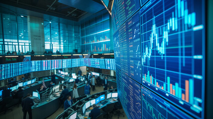 Fototapeta premium A wide-angle photograph of a vibrant stock market trading floor, with traders intently watching digital graphs on large screens
