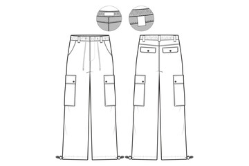 Elastic Cargo Pants Flat Technical Drawing Illustration Five Pocket Classic Blank Streetwear Mock-up Template for Design and Tech Packs CAD Outdoor