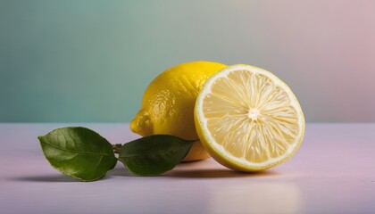A lemon cut in half with a green leaf on the table