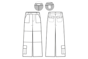 parachute Cargo Pants Flat Technical Drawing Illustration Five Pocket Classic Blank Streetwear Mock-up Template for Design and Tech Packs CAD Outdoor