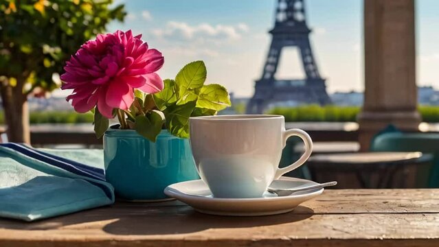 Cup of coffee, flowers against the background of the Eiffel Tower
​