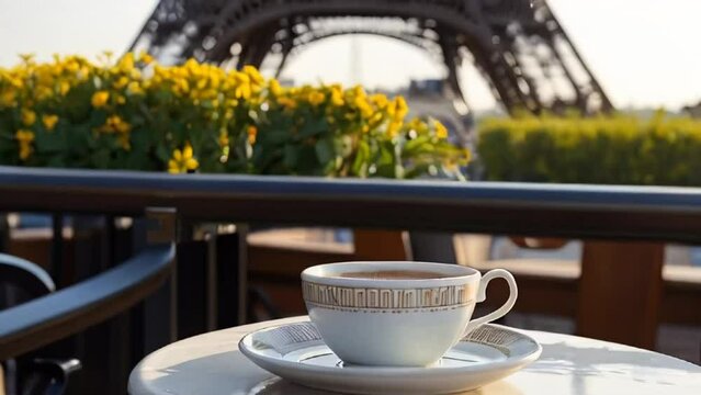 Cup of coffee, flowers against the background of the Eiffel Tower
​