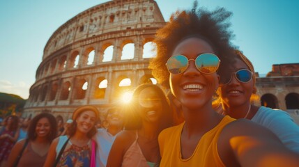 A group of friends taking a selfie in front of the Colosseum at sunset, joyful and smiling.