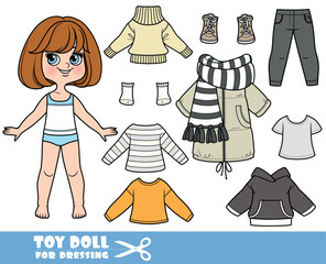 Cartoon brunette girl  with short bob and clothes separately  -  long sleeve, hoodie, coat with scarf, jeans and boots