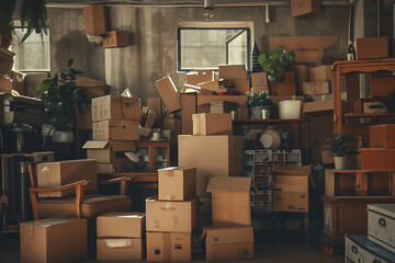 a room in a home filled with cardboard boxes boxes an - obrazy, fototapety, plakaty