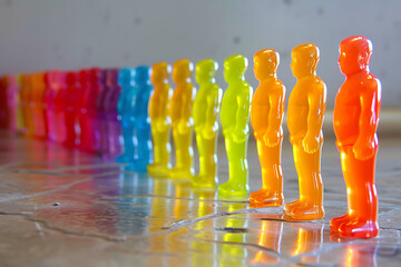 a row of plastic figurines in a row in
