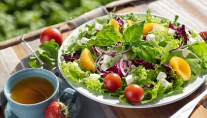 A salad with tomatoes and lettuce on a white plate