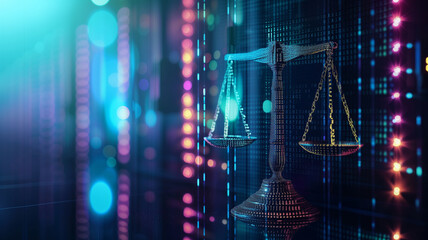 A 3D rendering of a traditional justice scale against a backdrop of neon circuit lines and digital particles, symbolizing law in the age of technology.