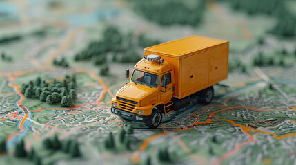yellow toy truck on top of map with miniature of tree - AI Generated