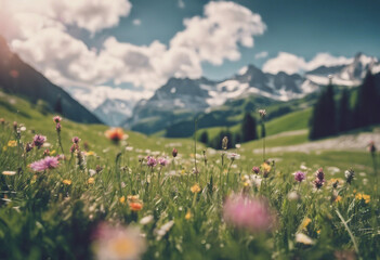 Idyllic mountain landscape in mountains with blooming meadows in springtime or summertime