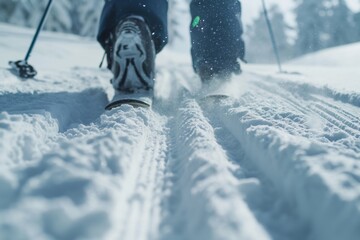 Winters Trail: An Adventurous Skier Glides Through Fresh Powder Snow.  - obrazy, fototapety, plakaty