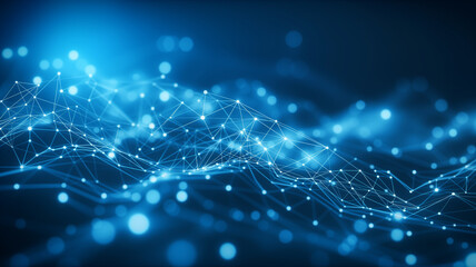 Blue abstract background with a dynamic network grid and vibrant particles connected by beams of light, representing fast data transmission.