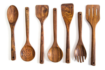 cutlery made of wood in white background