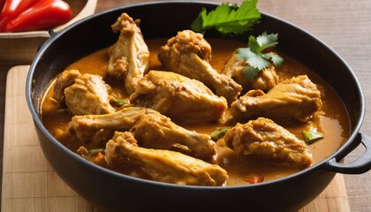 A bowl of chicken with sauce and herbs