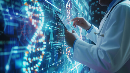 Medical professional in a lab coat, using a tablet to navigate a complex holographic display of a DNA helix.