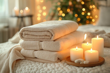Obraz na płótnie Canvas Burning candles and clean towels on the bed in spa hotel room. Beautiful spa composition