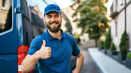 A male courier smiles and shows a thumbs up against the background of a courier car. The concept of the best courier service. Free space for text.