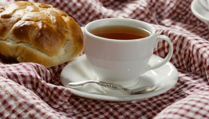 A cup of tea and a roll on a table