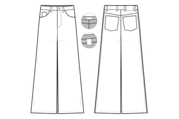 Jeans Flat Technical Drawing Illustration Five Pocket Classic Blank Streetwear Mock-up Template for Design and Tech Packs CAD loose fit baggy