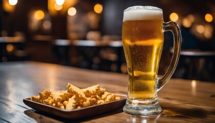 A glass of beer with a bowl of cheese sticks on a wooden table