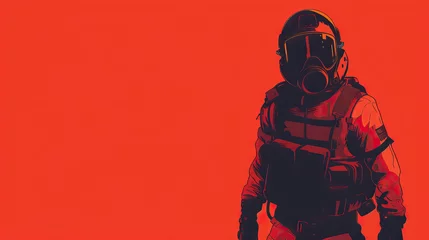 Tuinposter officer in protective costume on red background with copy space for Explosive Ordnance Disposal day with copy space - AI Generated Abstract Art © Curva Design