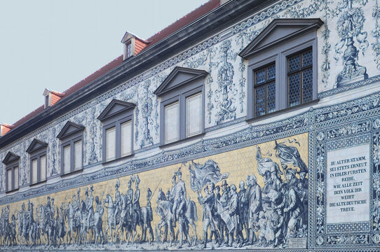 Furstenzug (Procession of Princes), a 101 metres long antique mural of the Wettin rulers of Saxony on the outer wall of the Stallhof (Stables Courtyard) of Dresden Castle in Dresden, Saxony, Germany