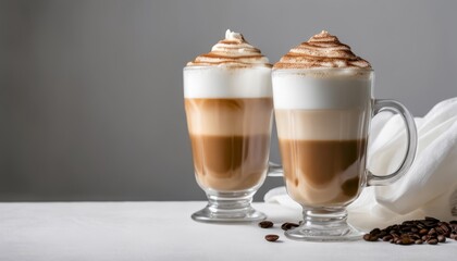 Two glasses of frothy coffee drinks with whipped cream on top