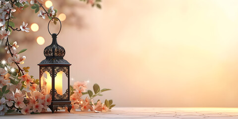 Celebration of Islamic Eid Mubarak and Eid al Adha with lantern in a light background, suitable for cultural and religious events