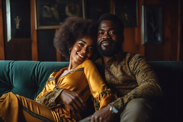 A happy middle-aged African couple is sitting on a sofa in a cozy living room