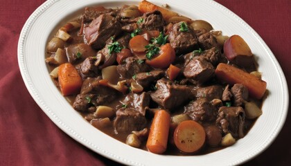 A plate of beef and carrots on a table