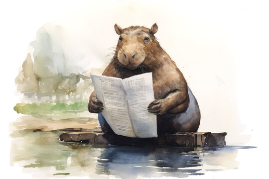 Whimsical watercolor illustration of a capybara engrossed in reading a newspaper