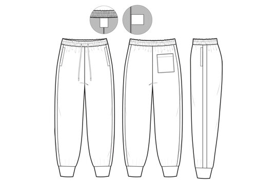 Cuff joggers track pants Sweatpants Flat Technical Drawing Illustration Five Pocket Classic Blank Streetwear Mock-up Template for Design Tech Packs CAD Joggers