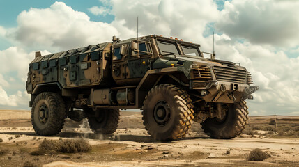 Obraz premium Military terrain truck with a metal frame and box body on the desert with blue sky and clouds - AI Generated