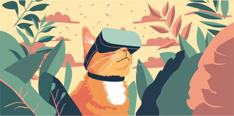 A cat in the wild with VR glasses - obrazy, fototapety, plakaty