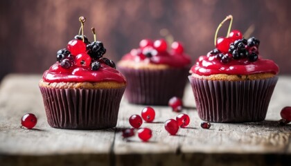 Three cupcakes with red frosting and cherries on top