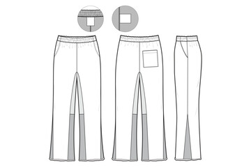 flare Sweatpants Flat Technical Drawing Illustration Five Pocket Classic Blank Streetwear Mock-up Template for Design Tech Packs CAD Joggers