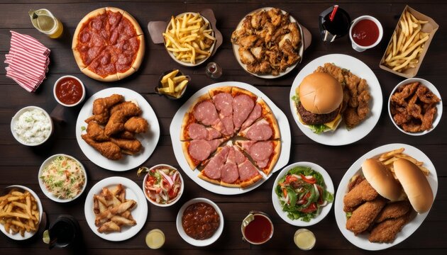 A table full of various foods including pizza, fries, chicken, and sandwiches