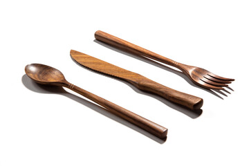 cutlery made of wood in white background