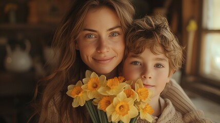Obraz na płótnie Canvas Woman Holding Bouquet of Daffodils Next to Child