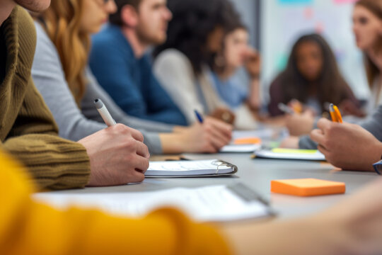 Collaborative Teamwork in a Group Meeting. a group of professionals engaged in a collaborative meeting. a person taking notes, emphasizing the importance of communication and documentation. 