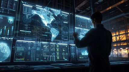 logistics worker managing a sophisticated control panel with interactive maps and real-time tracking data, highlighting the use of advanced technologies in the logistics industry.