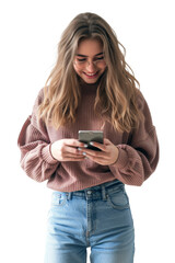 Fototapeta premium Portrait of a happy beautiful woman smiling and holding a smartphone or cell phone isolated on transparent background. png 