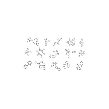 Collection of different molecular model icons isolated on a white background. Groups of atoms bonded together, chemical compounds, physics, and organic chemistry elements. Modern images for websites
