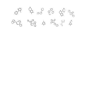 Collection of different molecular model icons isolated on a white background. Groups of atoms bonded together, chemical compounds, physics, and organic chemistry elements. Modern images for websites
