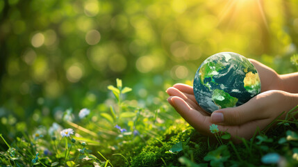 Hands holding globe in green forest, Green planet in your heart hands, Environment concept, generative ai