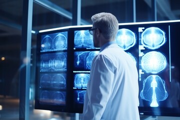 Professional neurologist examining brain test results on monitor in hospital setting - obrazy, fototapety, plakaty