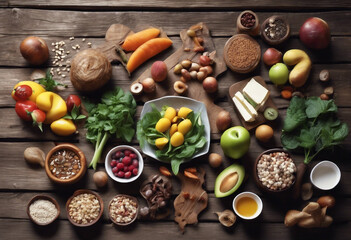 Selection of healthy food with vegetables and fruits on a rustic wooden background