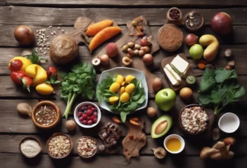 Tafelkleed Selection of healthy food with vegetables and fruits on a rustic wooden background © FrameFinesse
