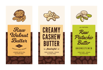 Cashew, pistachio and walnut butter labels in modern style. Vector nuts illustrations and patterns